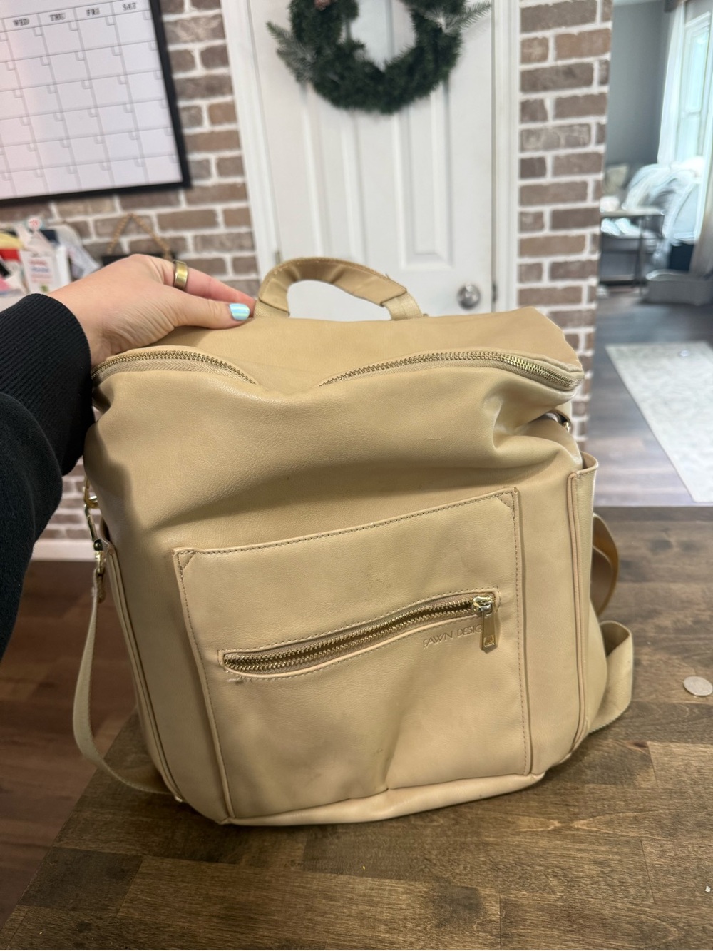 Fawn Design Beige Leather Backpack with Front Zip Pocket